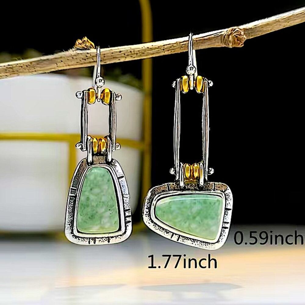 Vintage Silver Turquoise Asymmetrical Geometric Bohemian Boho Earrings - Picture 7 of 7